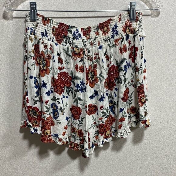 American Eagle Floral Ruffle Shorts S – Cream Red Blue Boho Pom Trim Festival AE - Picture 5 of 12